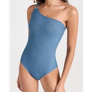 Shoshanna Sz 12 Swimsuit Ring One Shoulder One Piece Blue Silver Shimmer Preppy